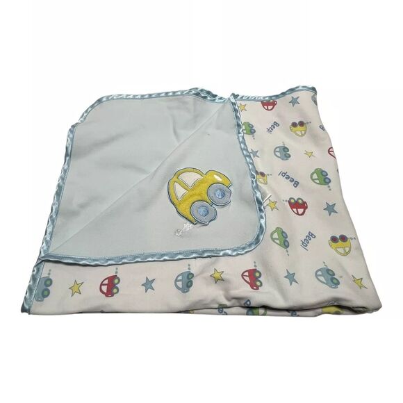 Springmaid Car Baby Blanket Blue Yellow Beep Beep Satin Edge Vintage - Picture 1 of 10